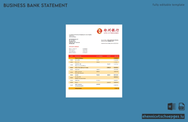 Beispielvorschau eines Firmenkontoauszugs der Bank of Zhengzhou (Word- und PDF-Format)